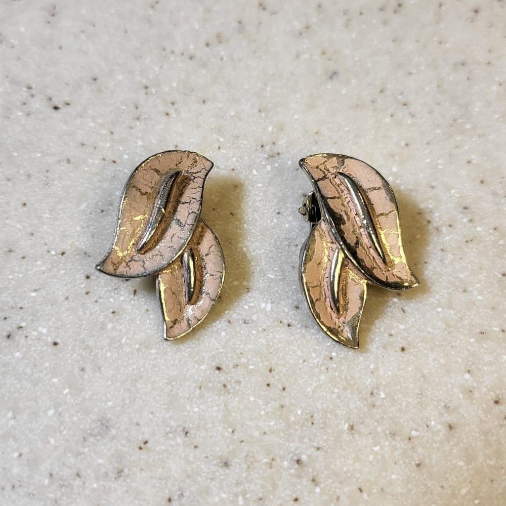 Vintage Leaf Clip On Earrings Golden Silver Tone Pink Enamel Textured Accent